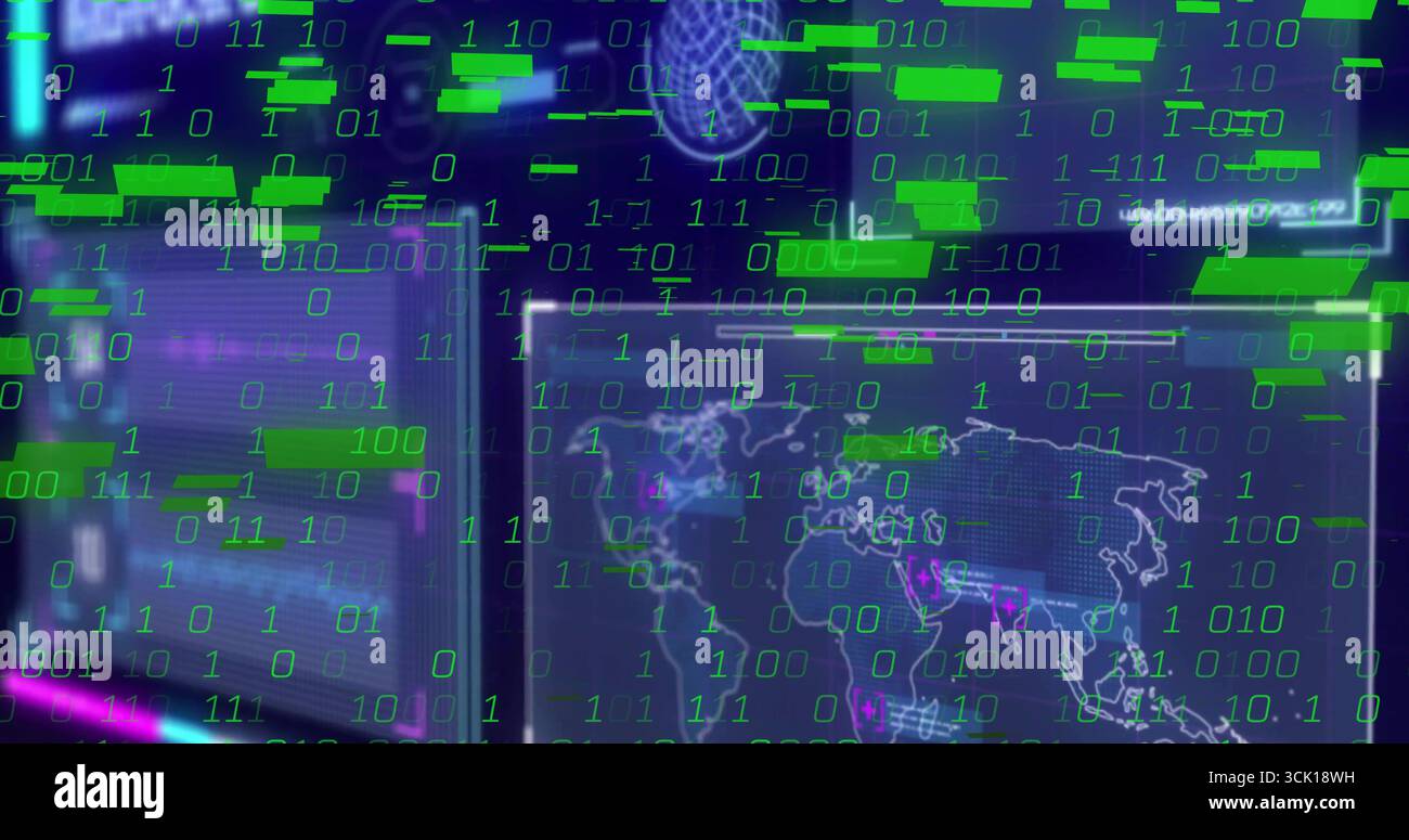 Displaying central digital data screen streaming binary code in tech control hub, showing world map Stock Photo