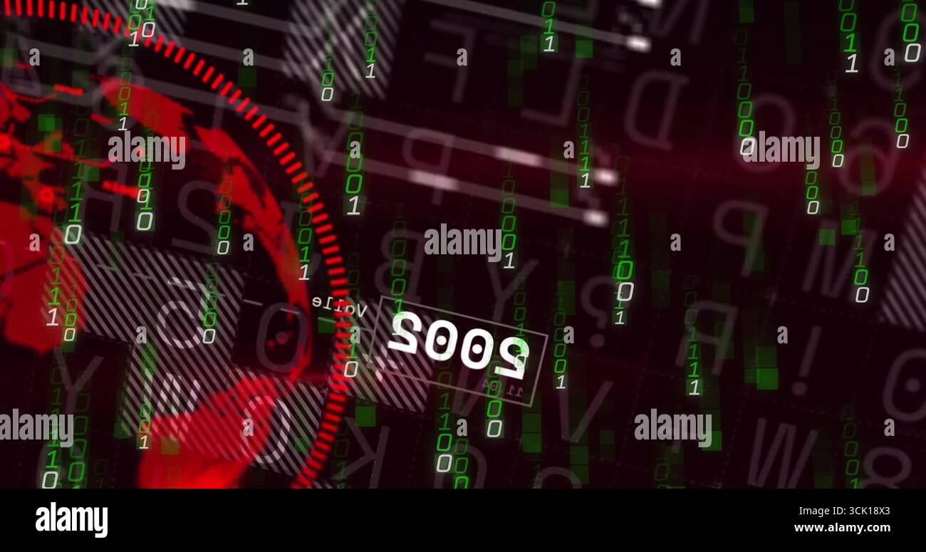 Displaying red globe on left in data scene, green bits, mirrored 2005 text, grids, copy space Stock Photo
