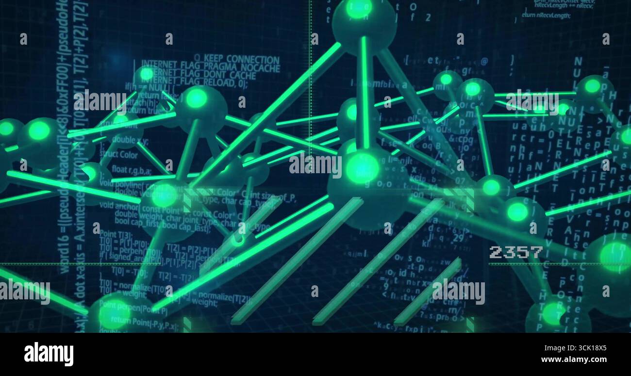 Floating neon green network structure flowing in cyberspace, with glowing nodes, rods and code text Stock Photo