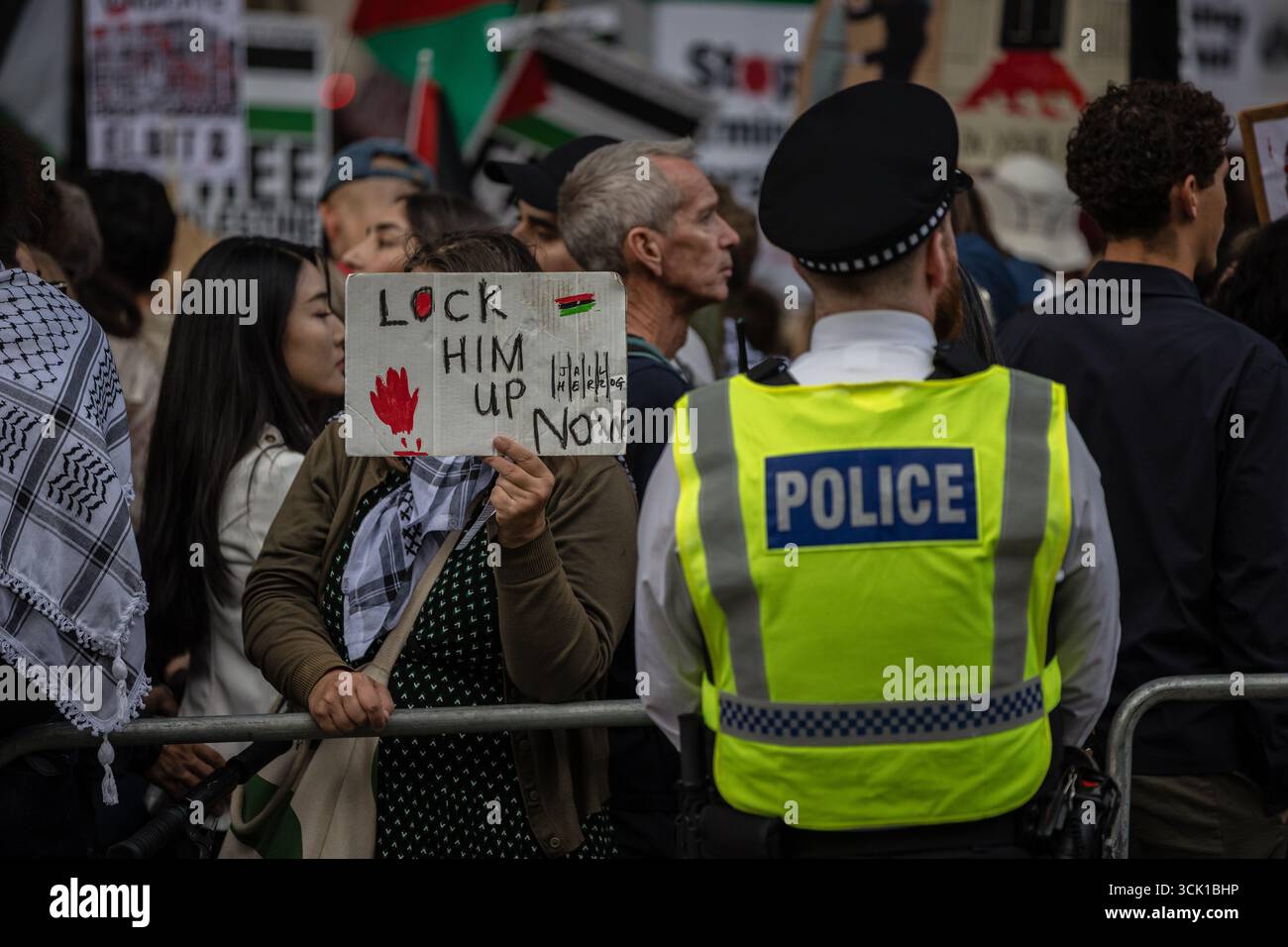 LONDON, UK - 09 Sep 2025: Activists protest outside the ExCeL Centre in ...