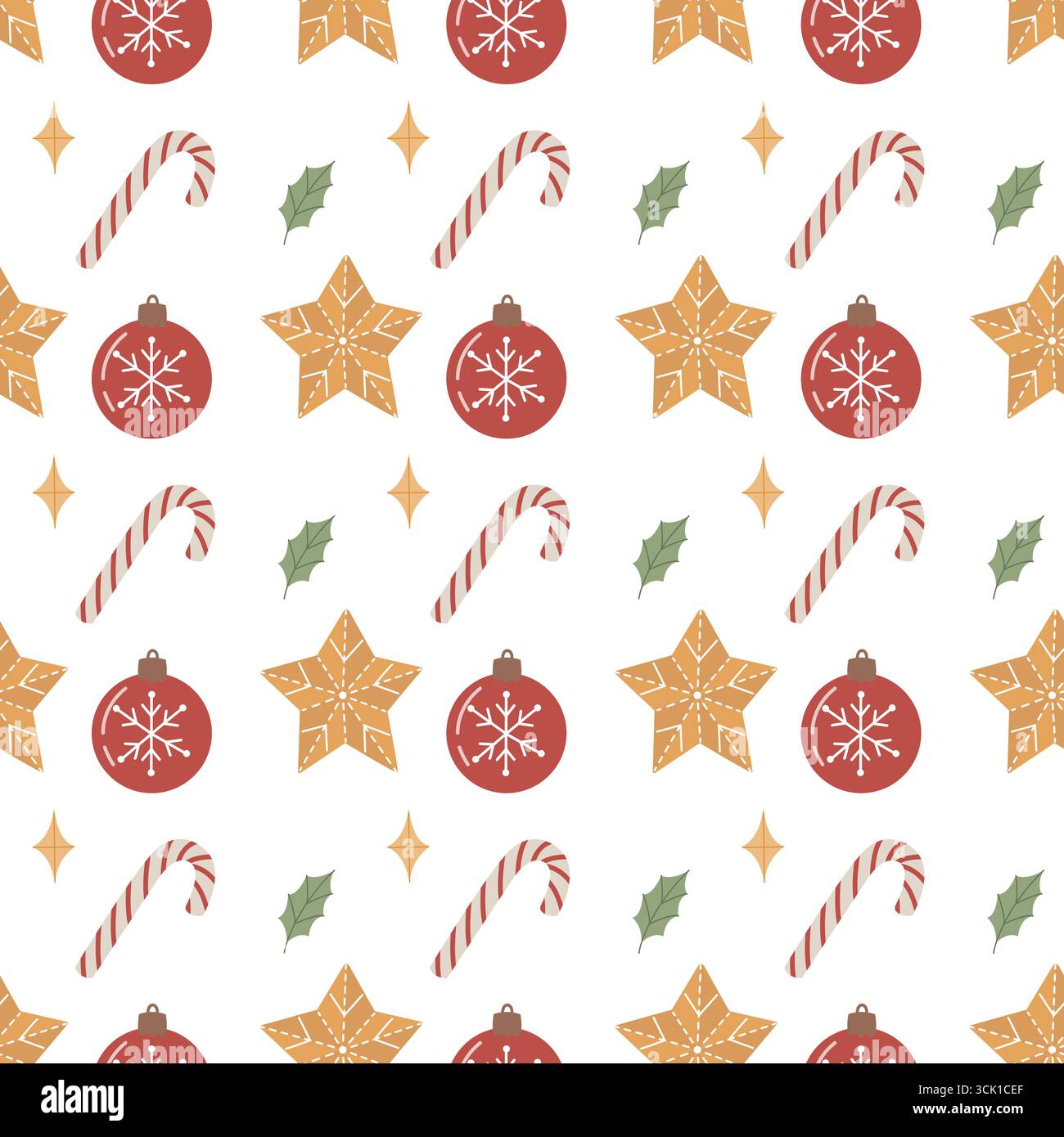 Seamless Christmas Holiday Pattern with Ornaments, Stars and Candy Canes Stock Vector