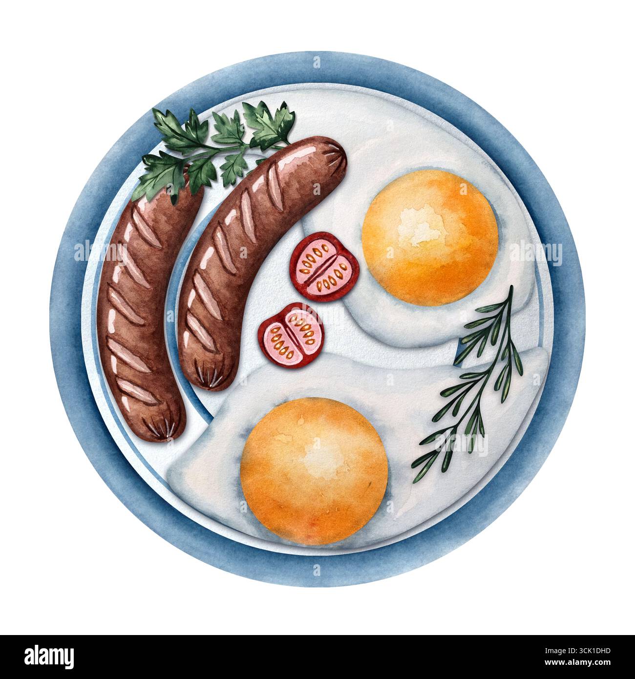 Breakfast watercolor composition with fried eggs and sausage in pan on a cutting board with toast, tomatoes, coffee, parsley, pepper, garlic and peppe Stock Photo
