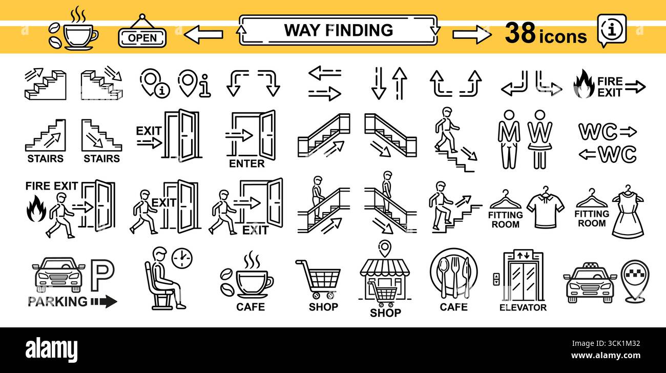 Way finding, fire exit door, stairs, escalator, elevator, arrow path ...