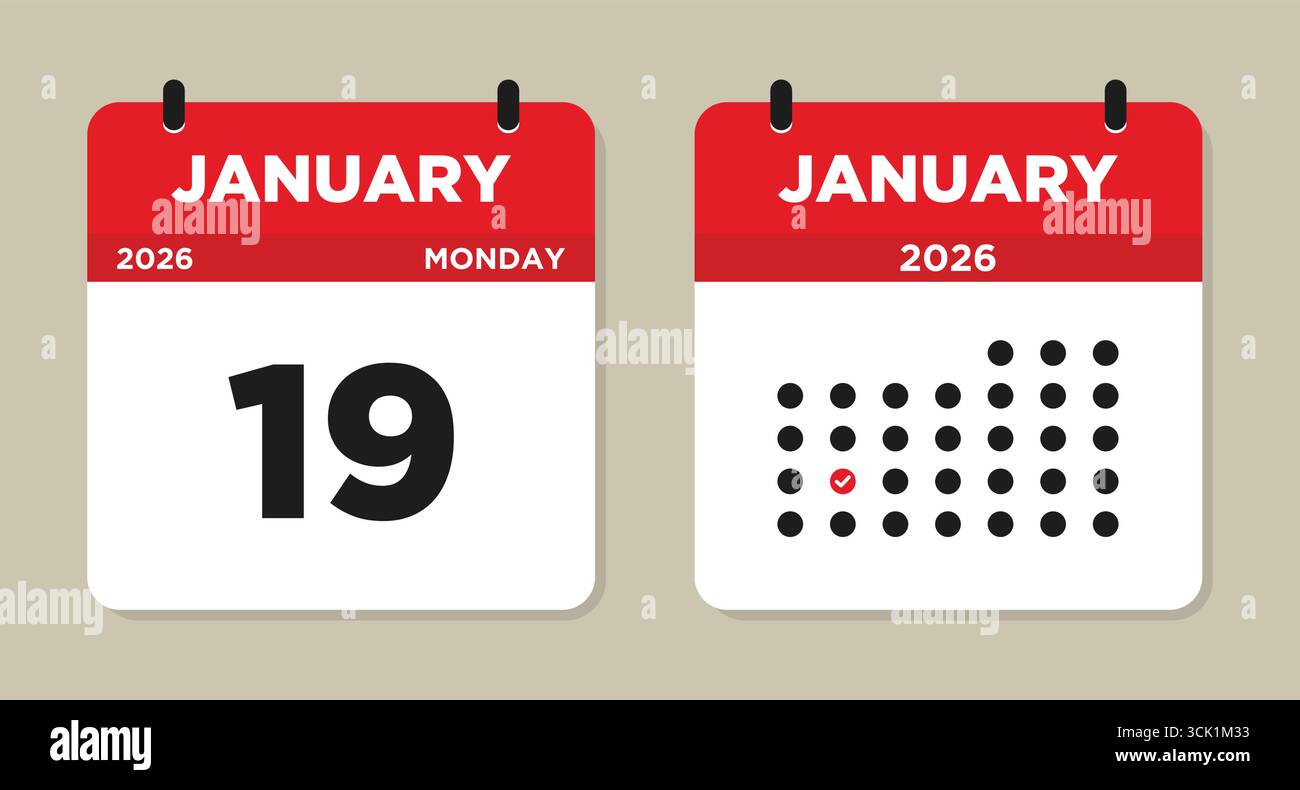 January 19 2026 Calendar Vector Illustration. 19 january calendar page. Day calendar with date January 19. Week Starts on Sunday Stock Vector