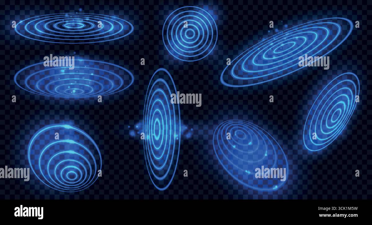 Set of signal waves with neon light. Blue colored glowing radar symbol ...