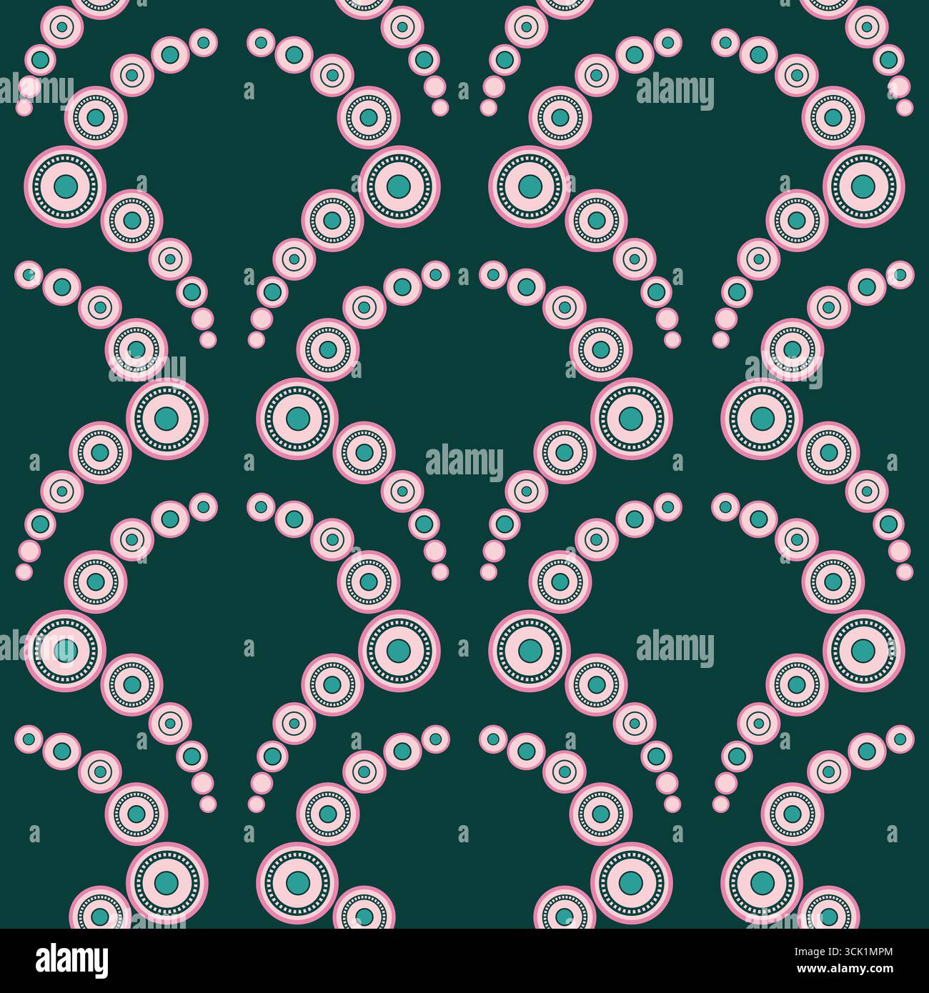 Classic geometric seamless pattern of pink circles on dark green background. Many rings composition. Tiles in the shape of an arch. For printing wallp Stock Vector