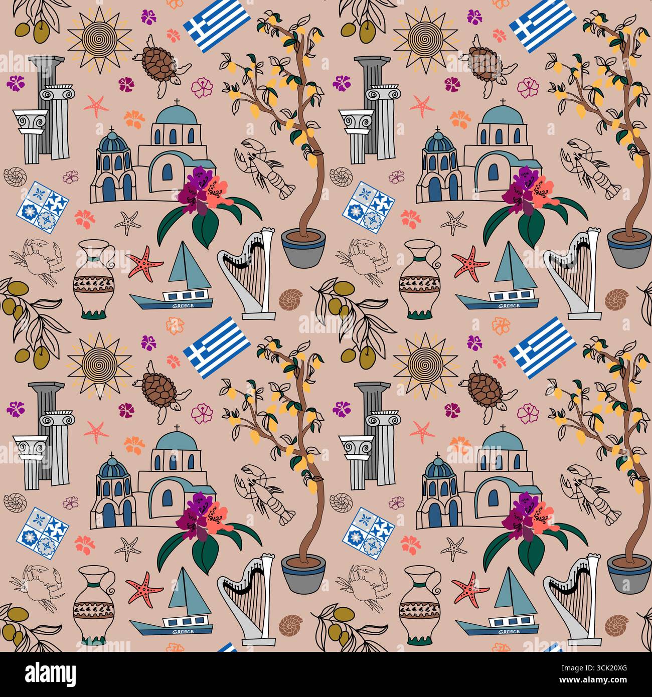 Greek seamless pattern with Mediterranean elements Stock Vector