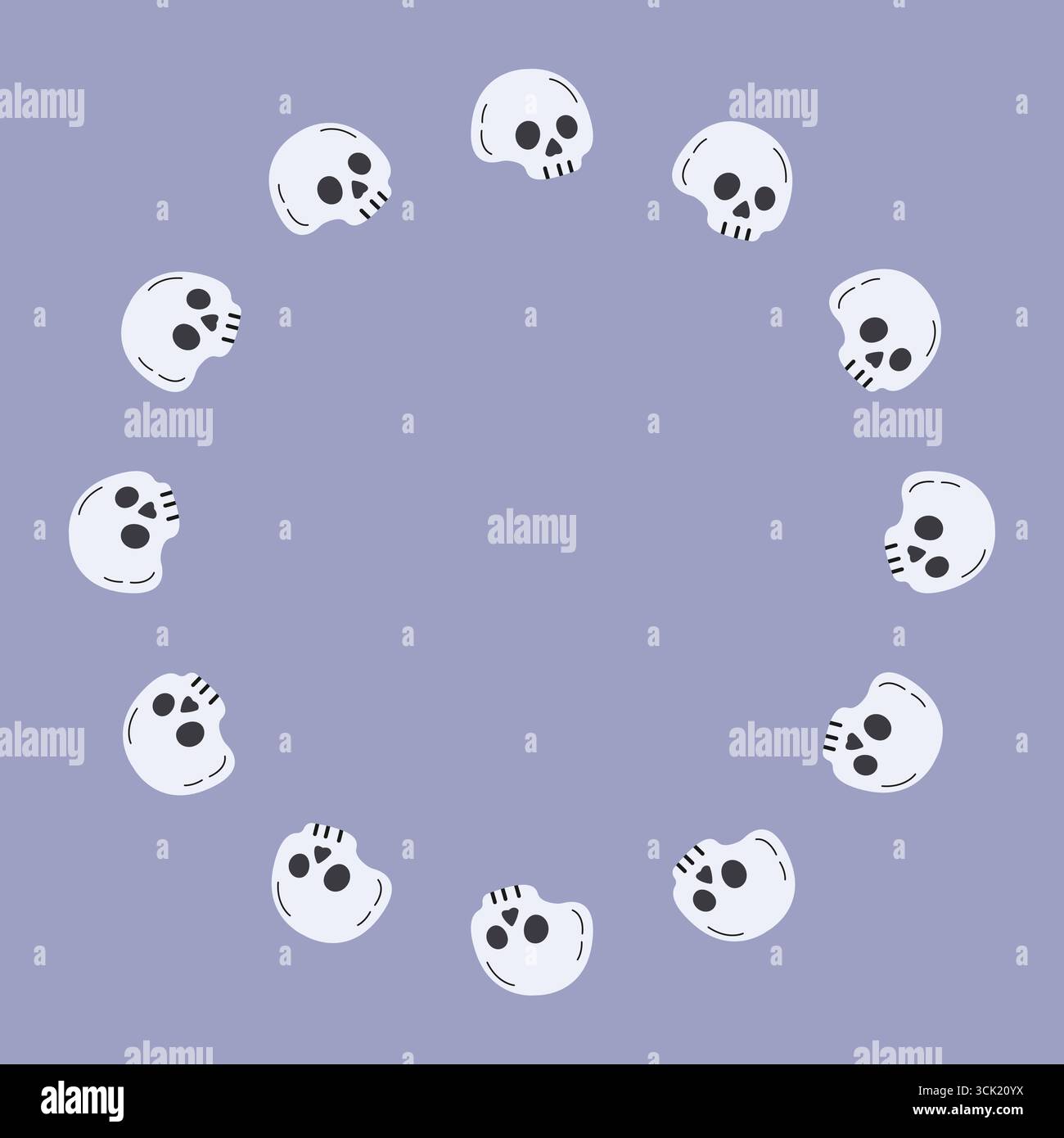 Round skull frame. Halloween design. Isolated white background. Vector illustration in flat style. Stock Vector