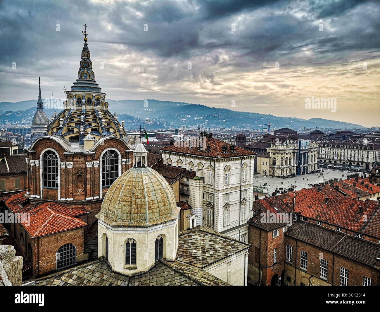 A close-up, elevated view of the Turin Cathedral (Duomo di Torino) and its dome, which houses the Shroud of Turin. The photo highlights the cathedral' - Smartphone Captured Stock Image