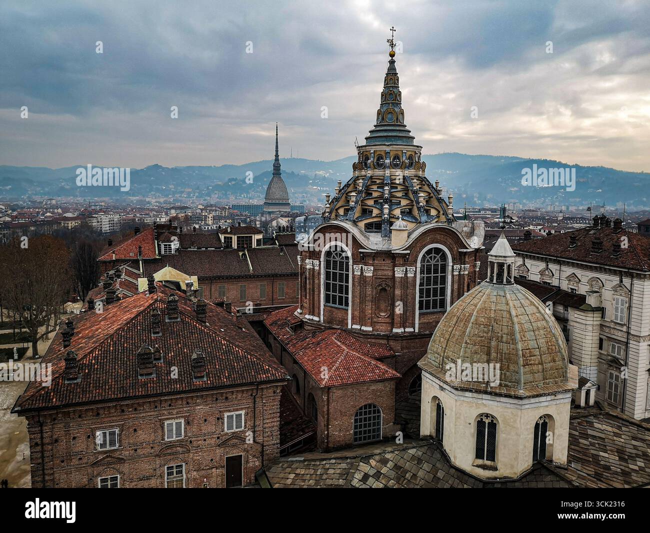 A close-up, elevated view of the Turin Cathedral (Duomo di Torino) and its dome, which houses the Shroud of Turin. The photo highlights the cathedral' - Smartphone Captured Stock Image