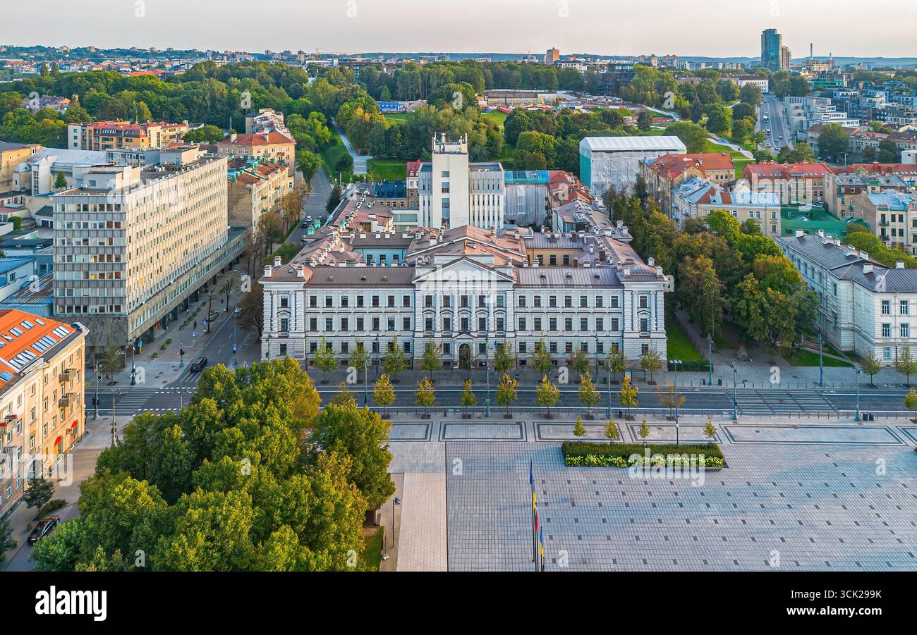 Aerial view of the NKVD Palace that was the KGB Headquarters of Vilnius now housing the District Court and the Museum of Genocide Victims in the capit Stock Photo