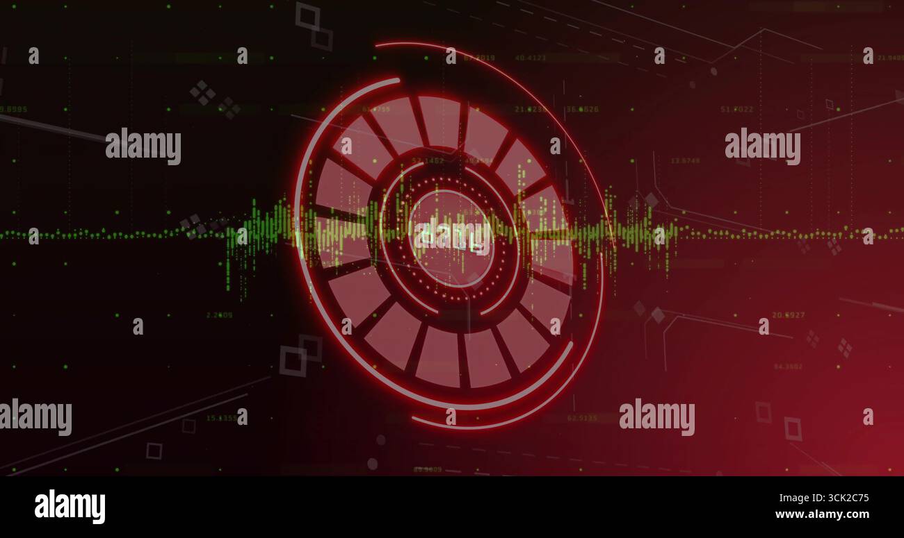 Central red circular HUD element glowing in interface display, with green waveform and data nodes Stock Photo