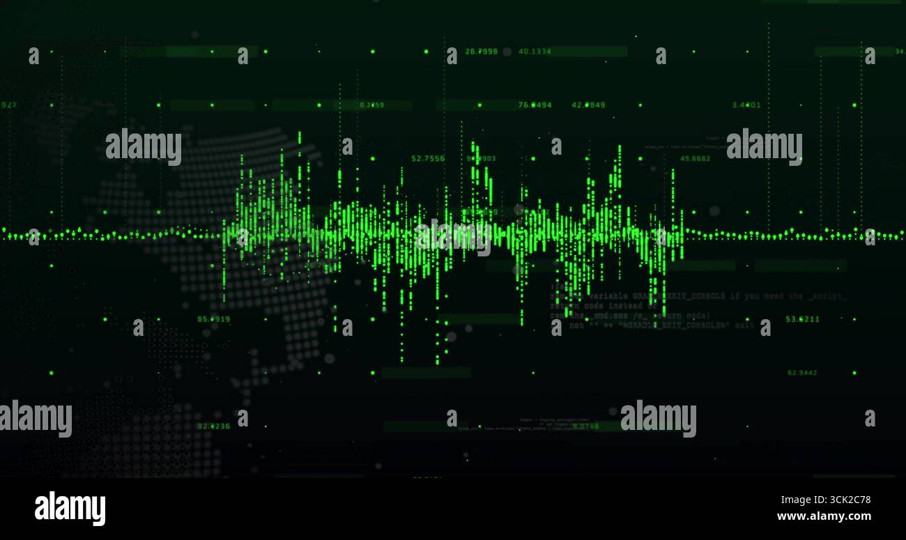 Displaying green waveform across console with grid lines, map silhouette and code fragments Stock Photo