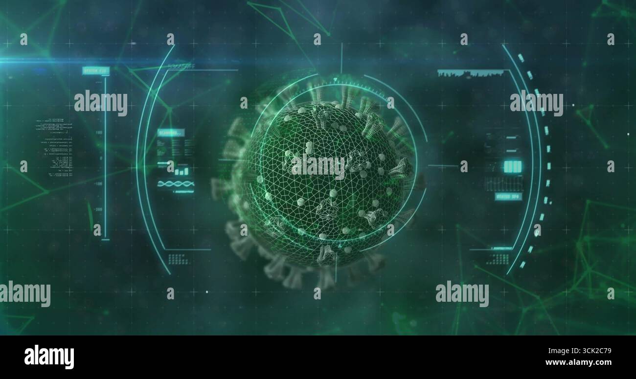 Visualizing green wireframe virus sphere floating within dark tech interface, with UI grid overlays Stock Photo