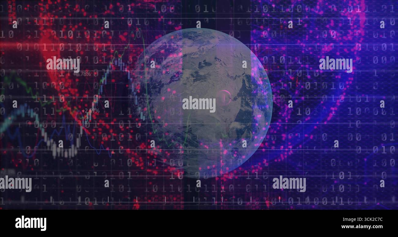 Rotating Earth globe showing data streams in tech grid, with binary code and red clusters Stock Photo