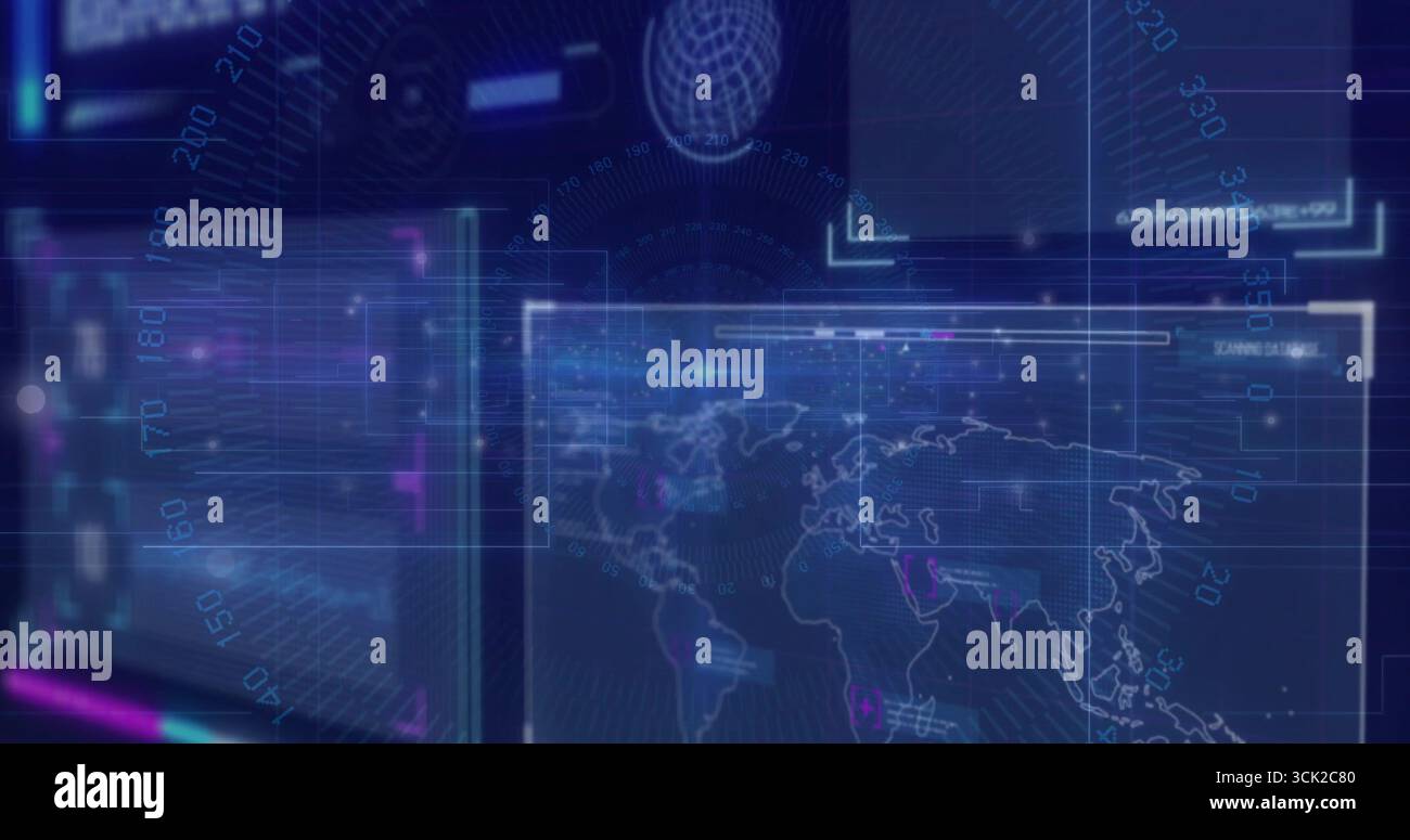 Displaying world map panel at network operations interface, with gridlines and glowing data streams Stock Photo