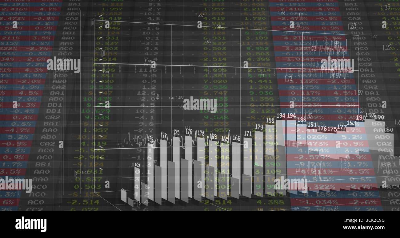 Displaying 3D bar chart rising on wireframe grid in virtual dashboard, with green red data columns Stock Photo
