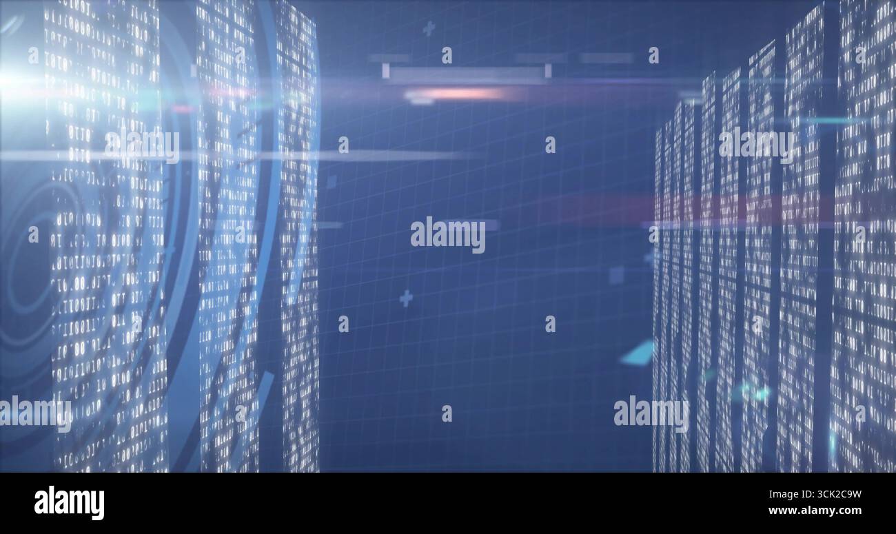Virtual corridor featuring streaming code columns, circular data ...
