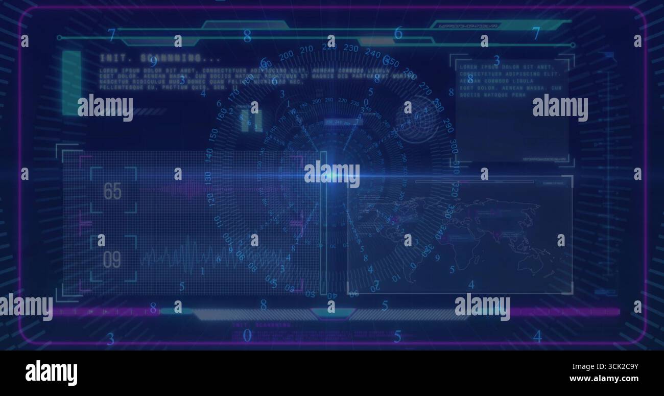 Displaying HUD interface featuring radar on grid backdrop, with numeric scales and map silhouette Stock Photo
