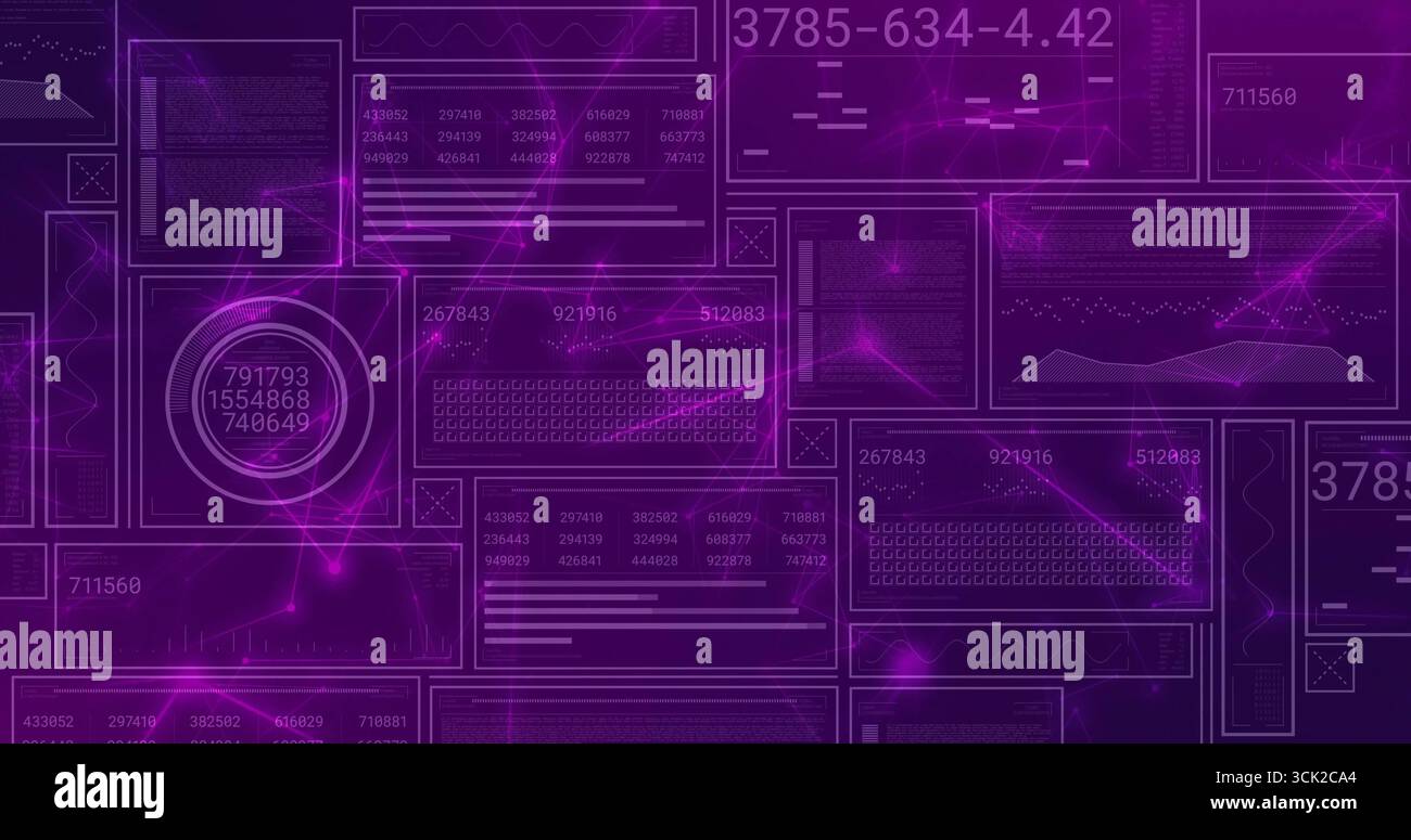 Displaying purple translucent panels in virtual interface, showing code blocks, data charts Stock Photo