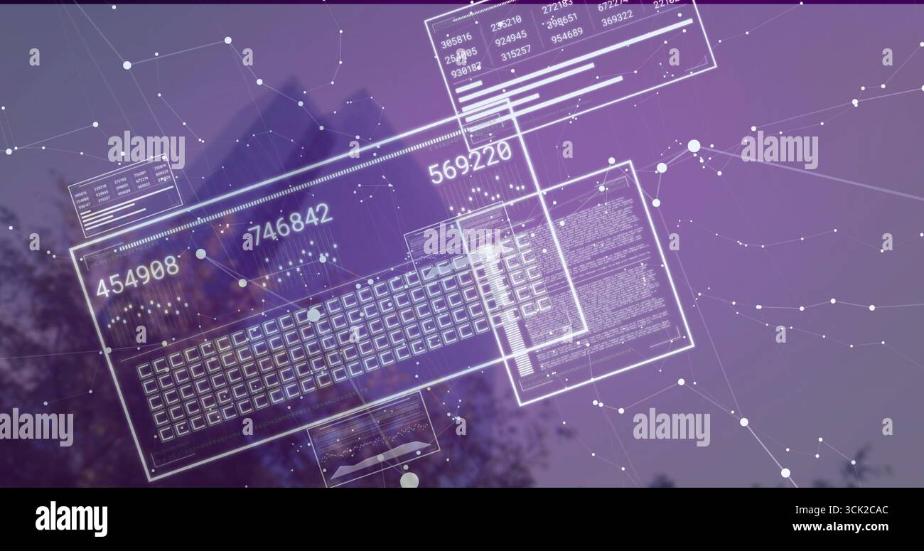 Floating digital interface over treetops against violet sky, with keyboard grid and numeric panels Stock Photo