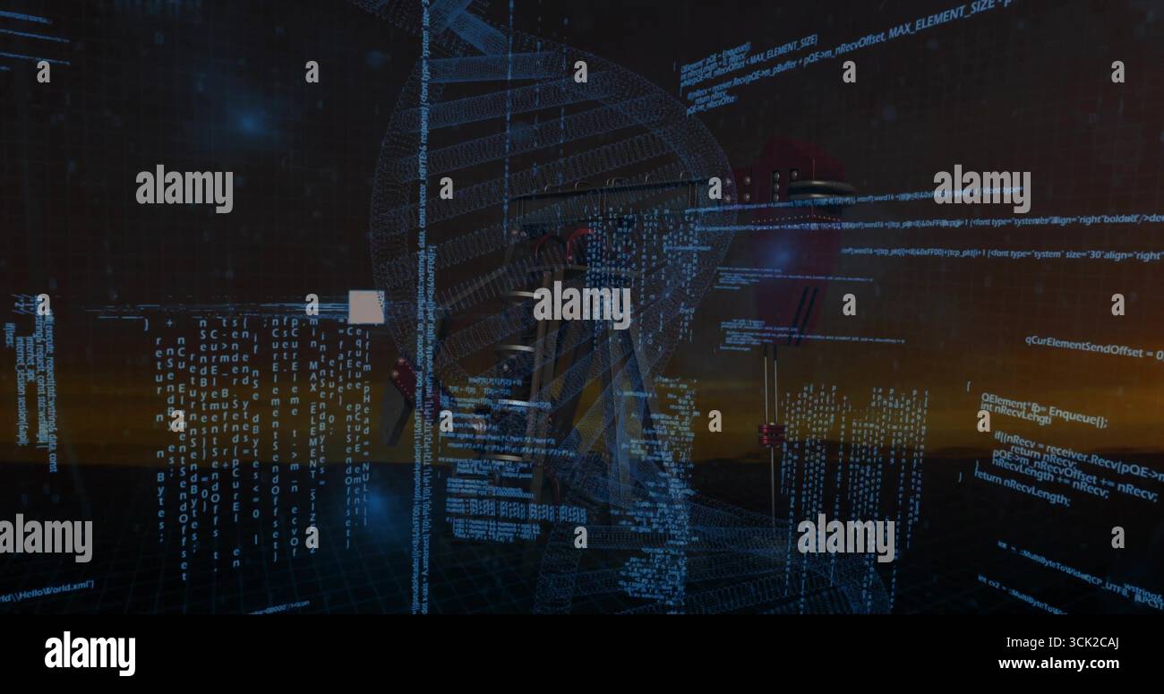 Rotating 3D wireframe DNA helix hovering above grid in virtual lab, with floating code snippets Stock Photo