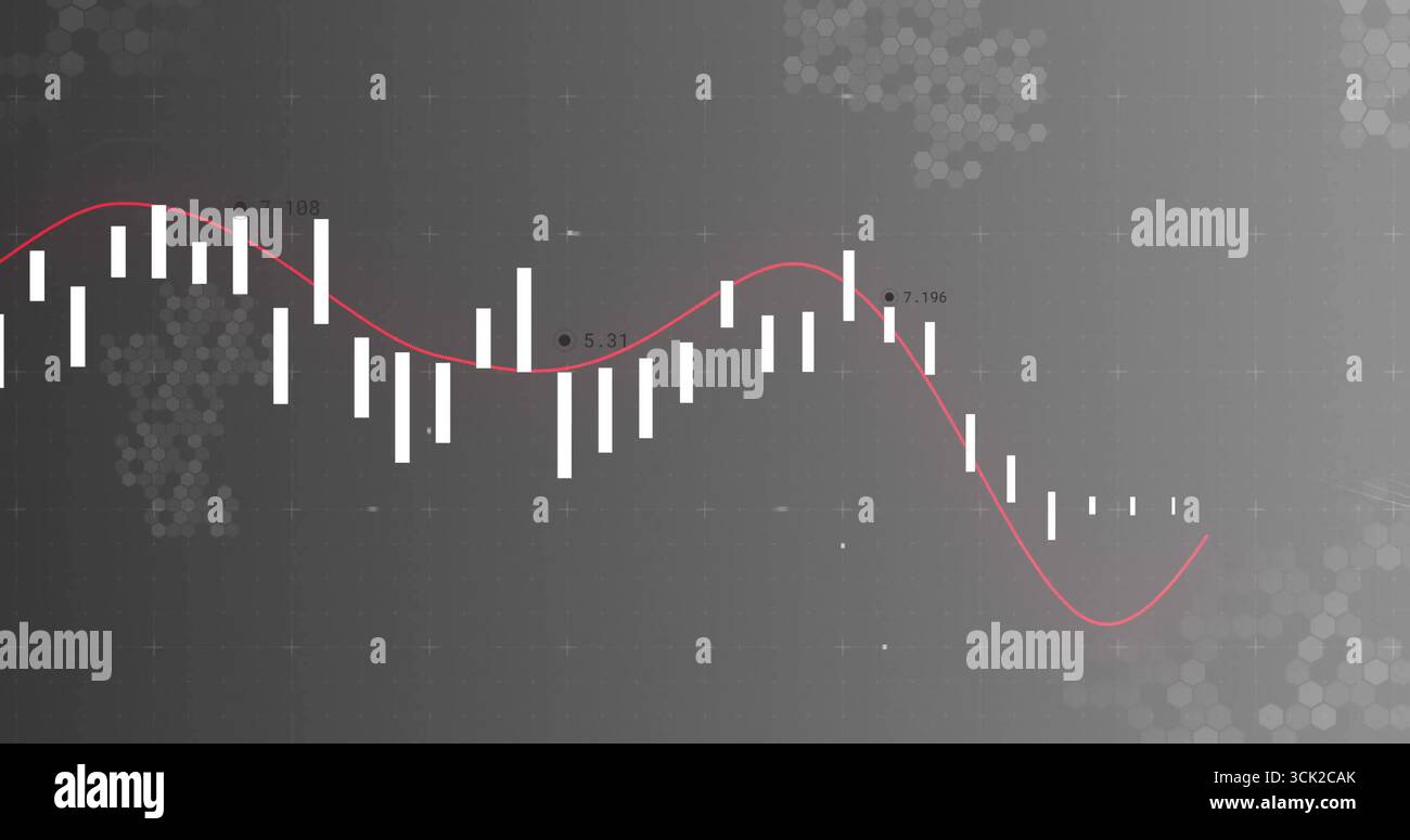 Displaying data visualization on dark dashboard, featuring white vertical bars red trend line Stock Photo