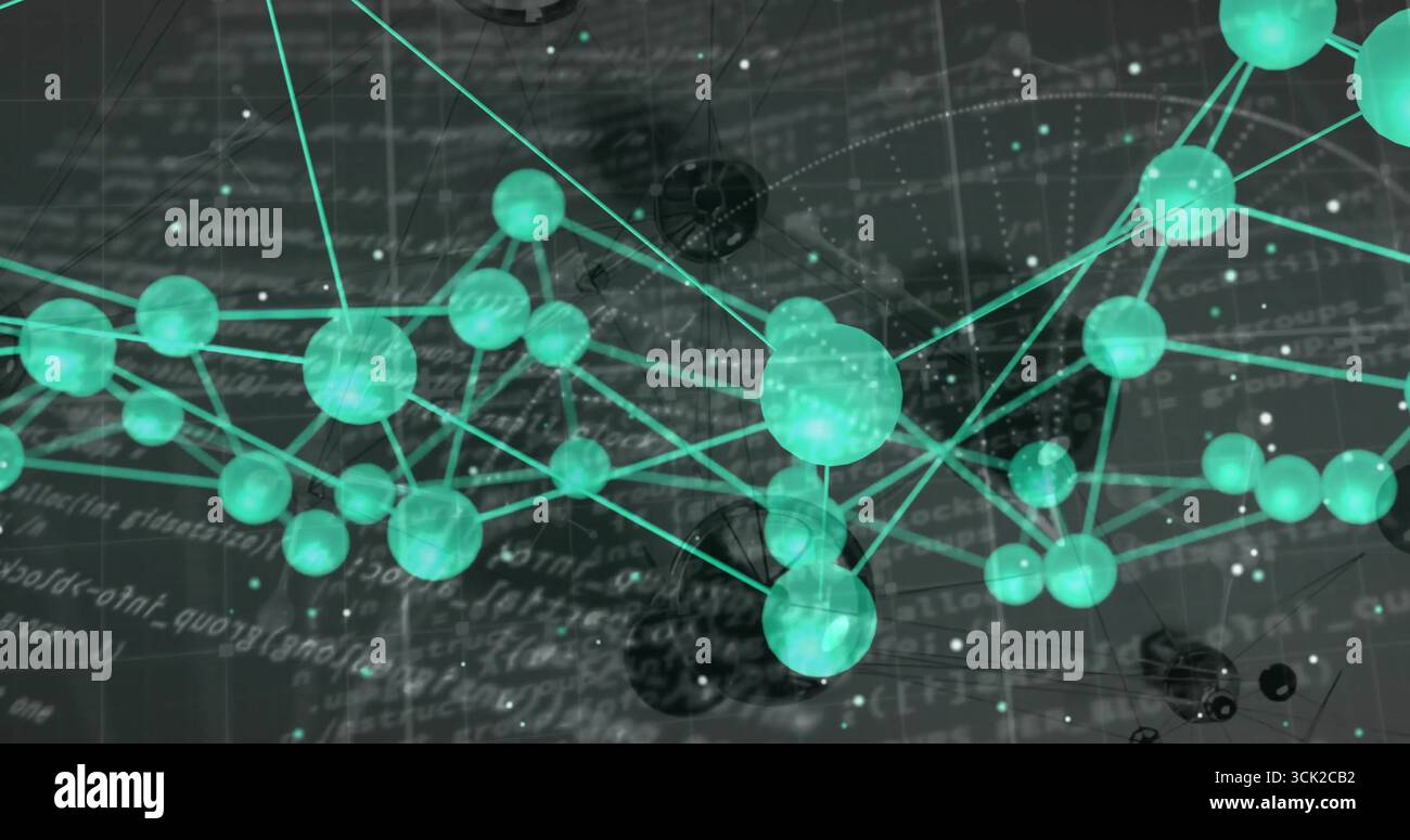Floating abstract network hovering over dark canvas, with teal spheres, thin lines and code text Stock Photo