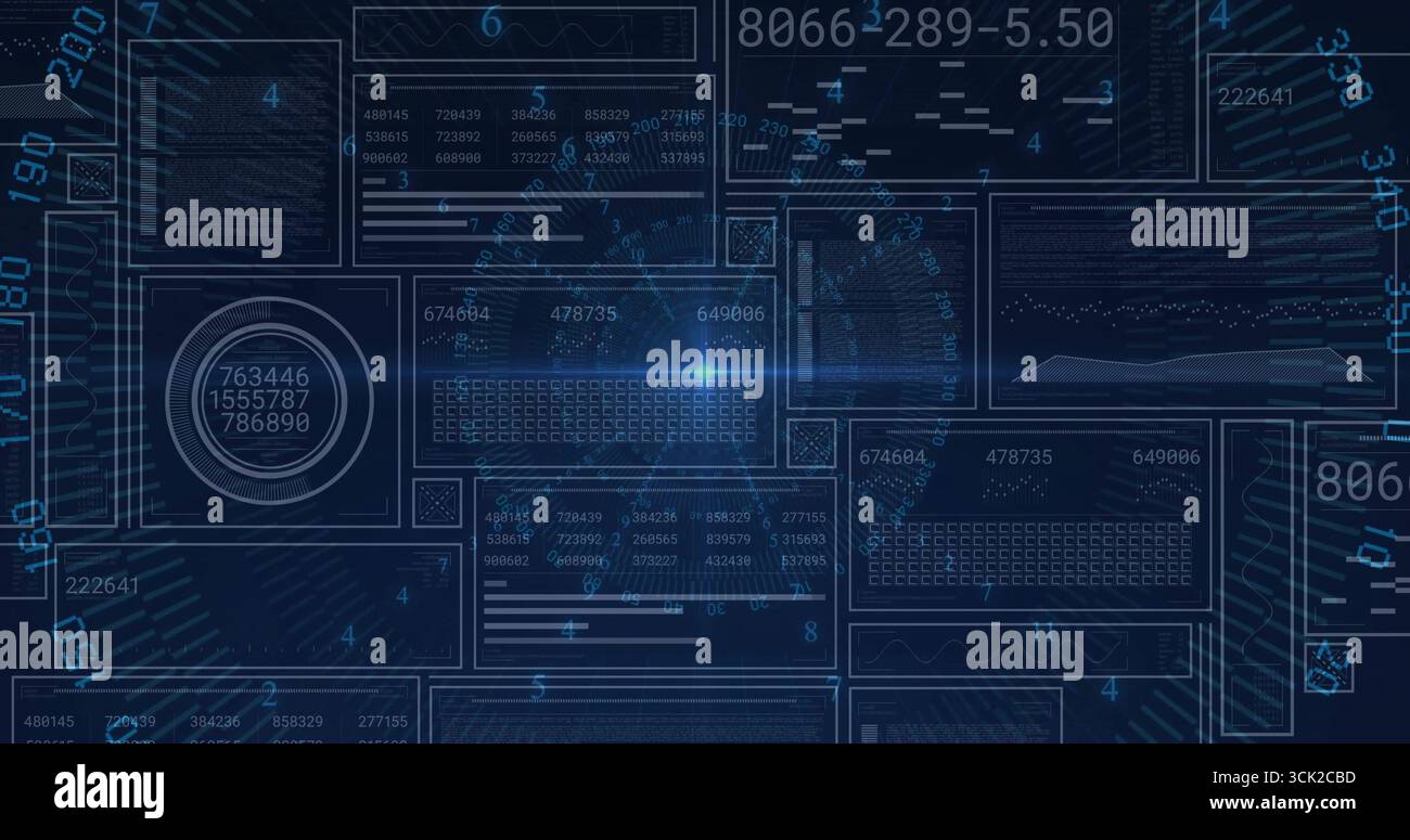 Displaying futuristic data interface across dashboard showing translucent panels and readouts Stock Photo