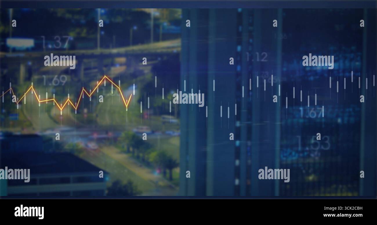 Displaying chart overlaying intersection and office tower, with yellow line graph and candlesticks Stock Photo