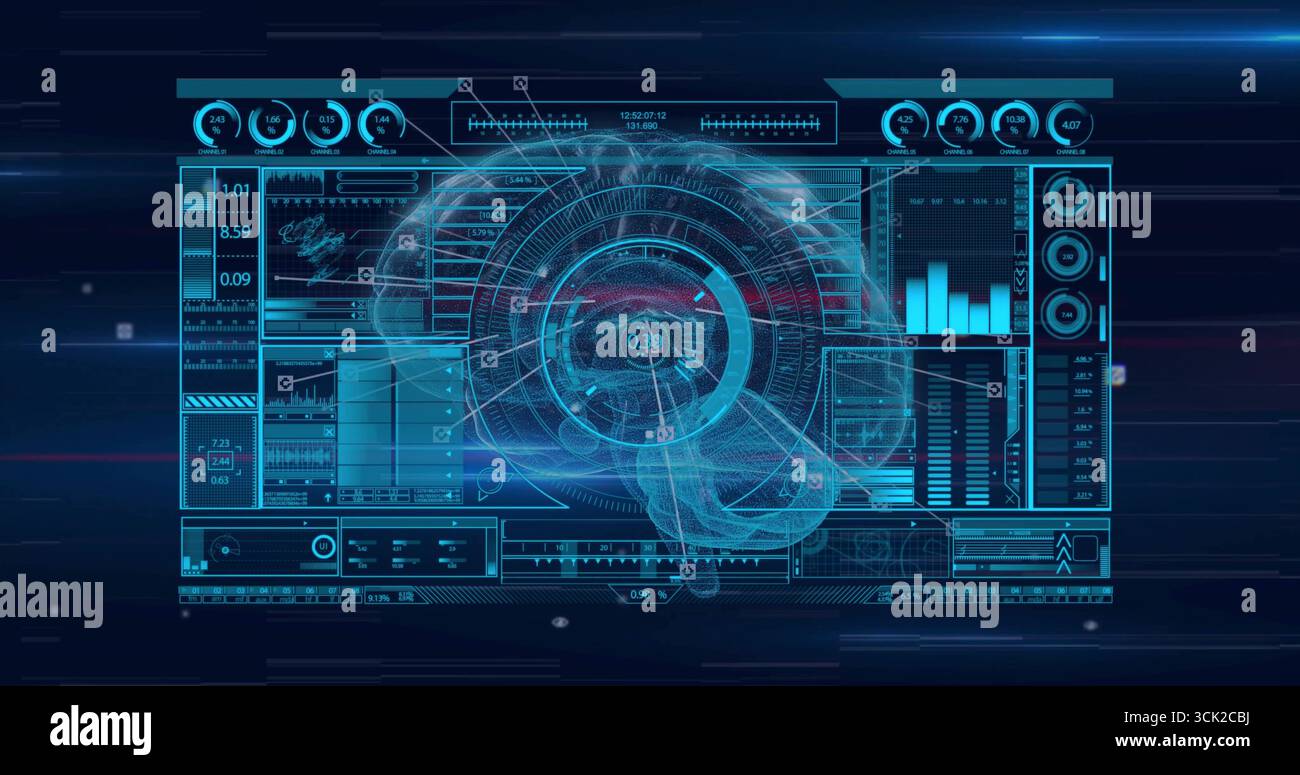 Projecting translucent 3D holographic brain over virtual interface, with HUD panels and dials Stock Photo