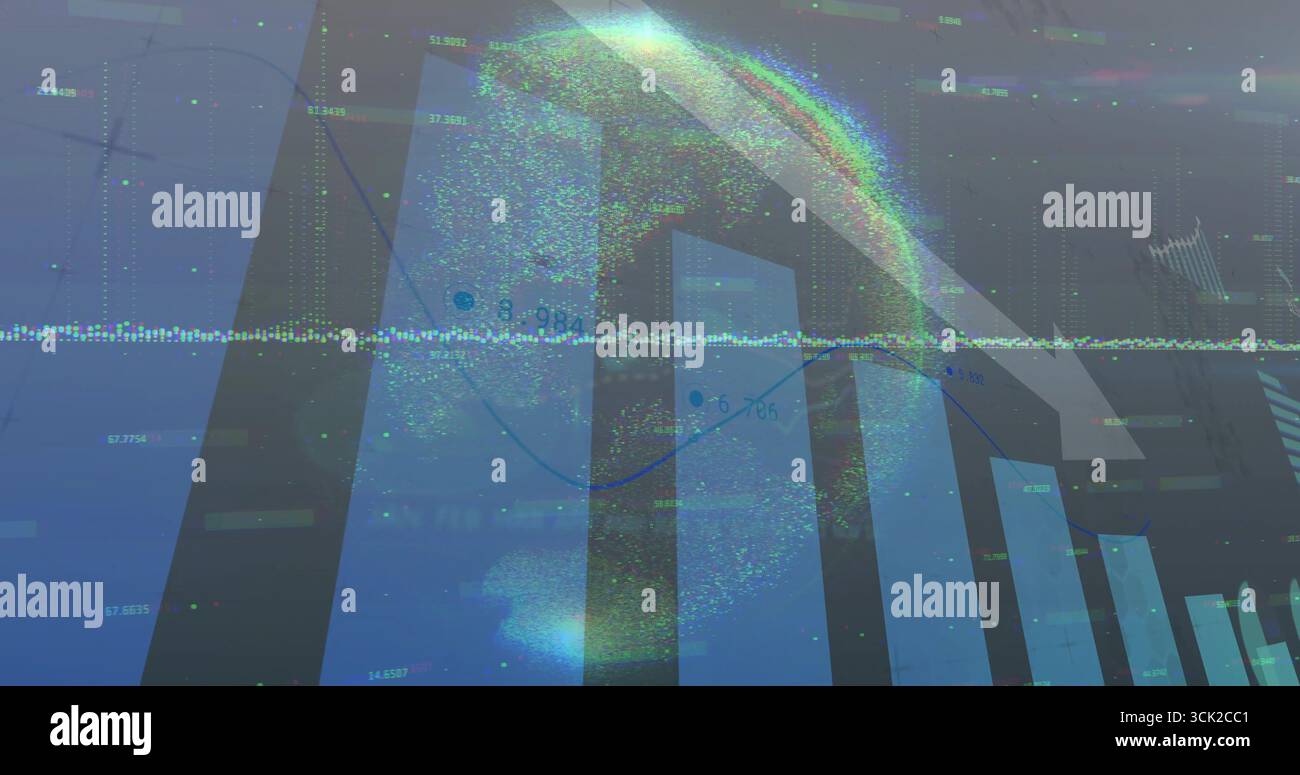 Displaying 3D point-cloud globe hovering over digital dashboard, with bar charts and line graph Stock Photo