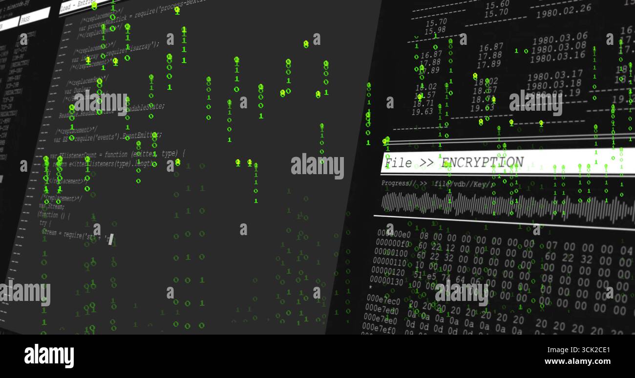 Dual monitors displaying File  ENCRYPTION text, binary and hex dump in lab, with progress bar Stock Photo