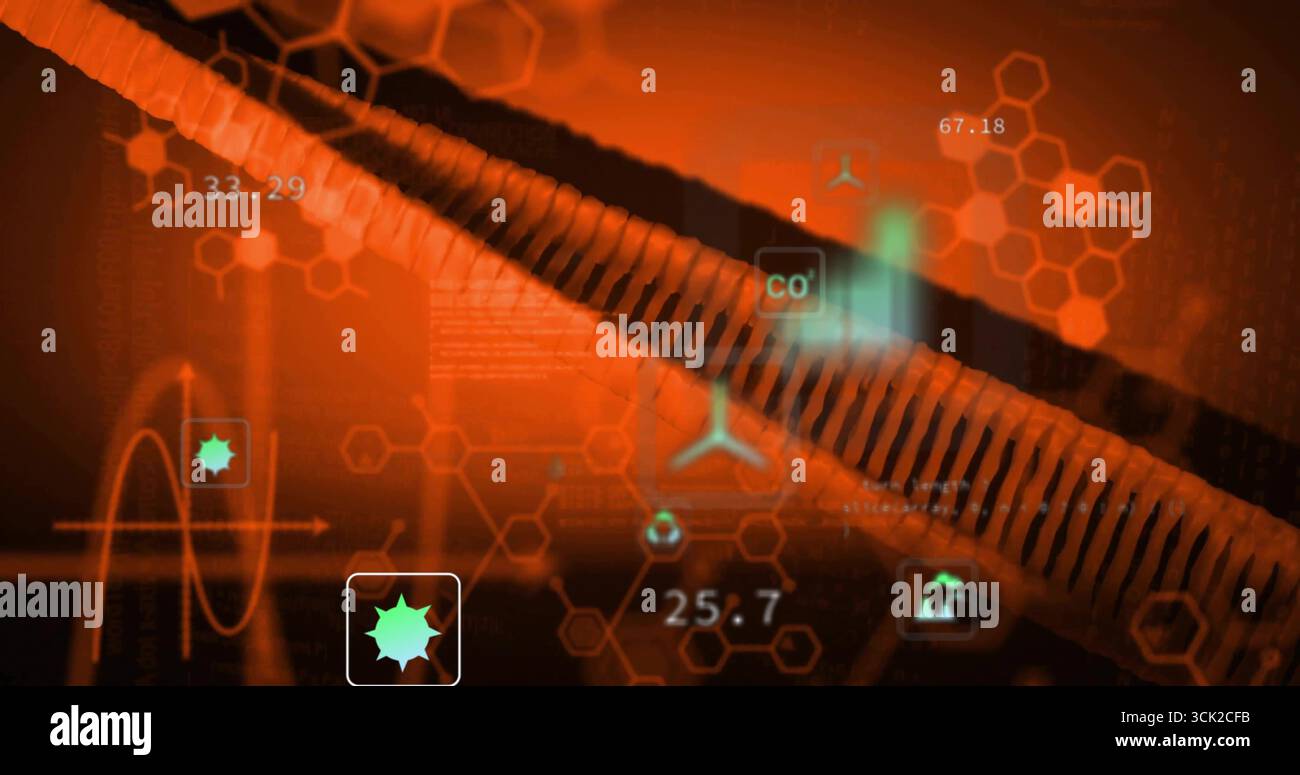Displaying ribbed conduit slicing across interface, with CO? numeric data and hexagon patterns Stock Photo