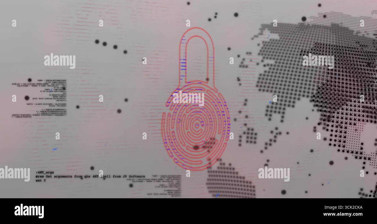 Displaying fingerprint padlock icon in cyberspace, data points, monospaced code and halftone map Stock Photo