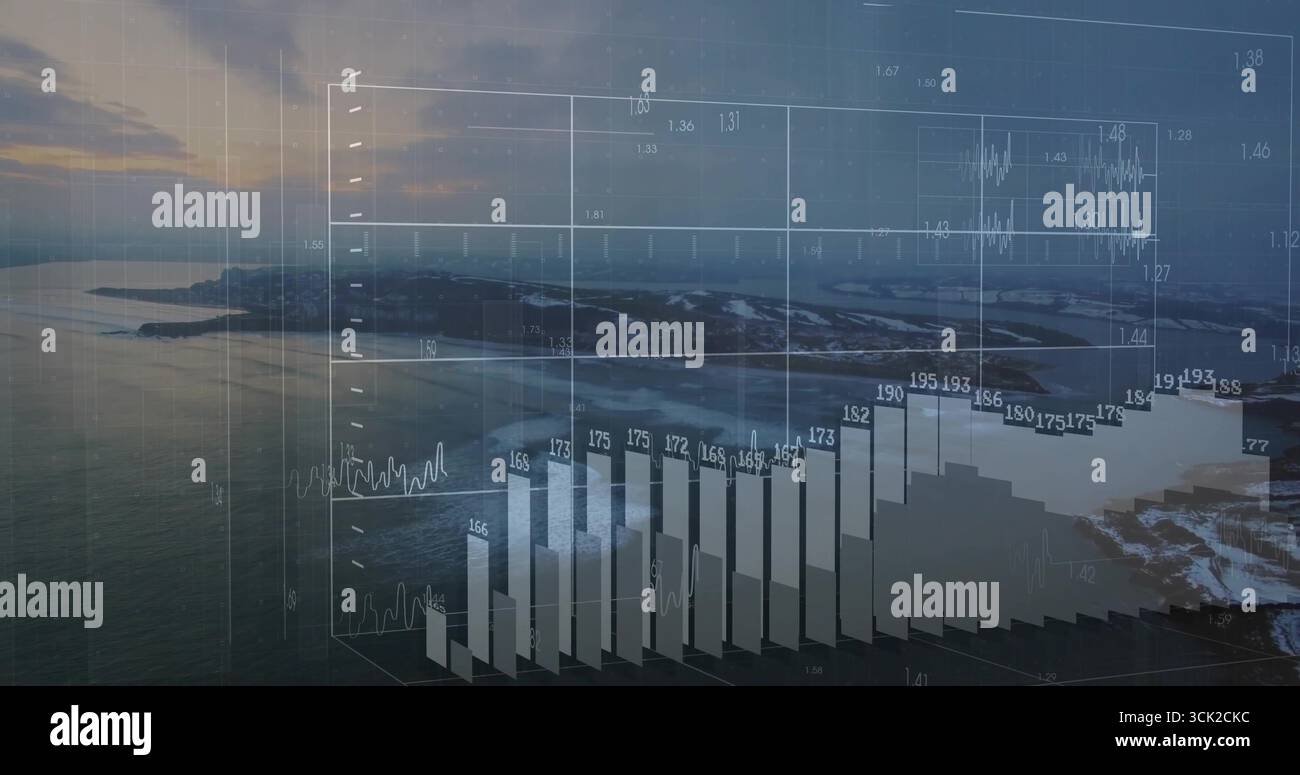 Displaying transparent financial chart overlaying sunset view, showing ...
