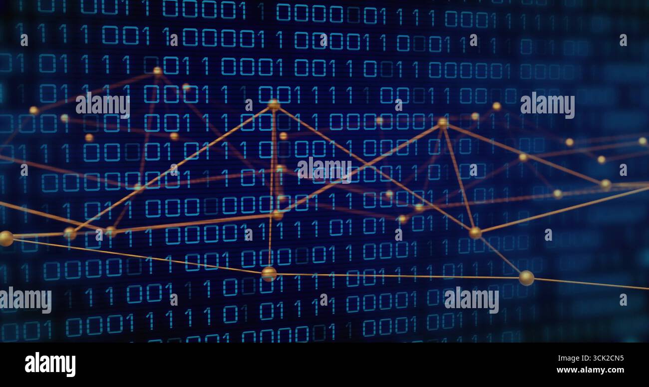Displaying glowing golden network graph linking spherical nodes over dark blue binary digits matrix Stock Photo