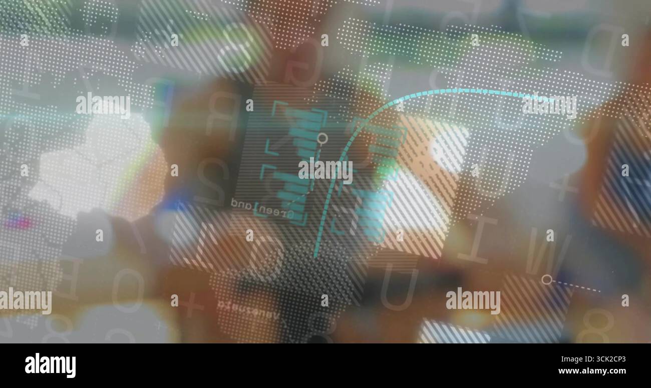 Displaying dotted world map interface over blurred office, showing data panels and numeric readouts Stock Photo