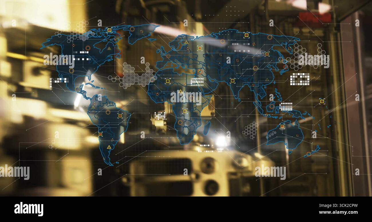 Projecting holographic world map floating inside tech facility, with data nodes, hexagon clusters Stock Photo