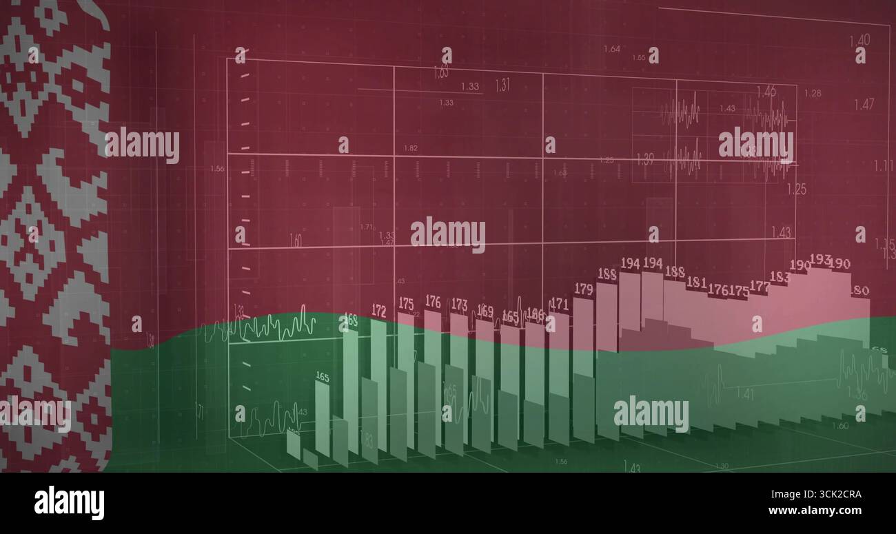 Displaying 3D bar and line graph on digital analytics dashboard, with data labels, vertical stripe Stock Photo