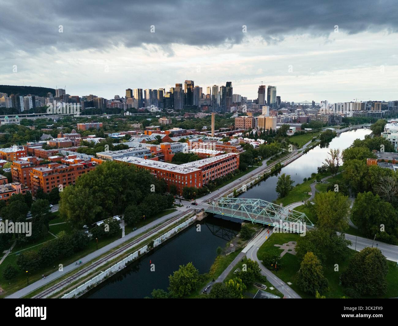Drone view of single-storey buildings between the Lachine channel and ...