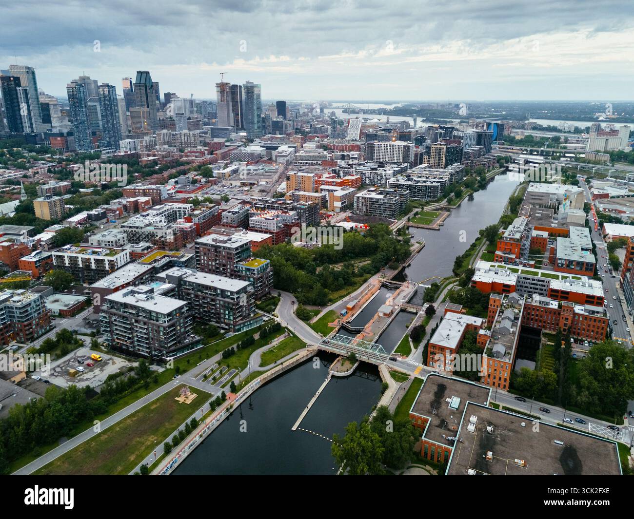 Drone view of single-storey buildings between the Lachine channel and ...