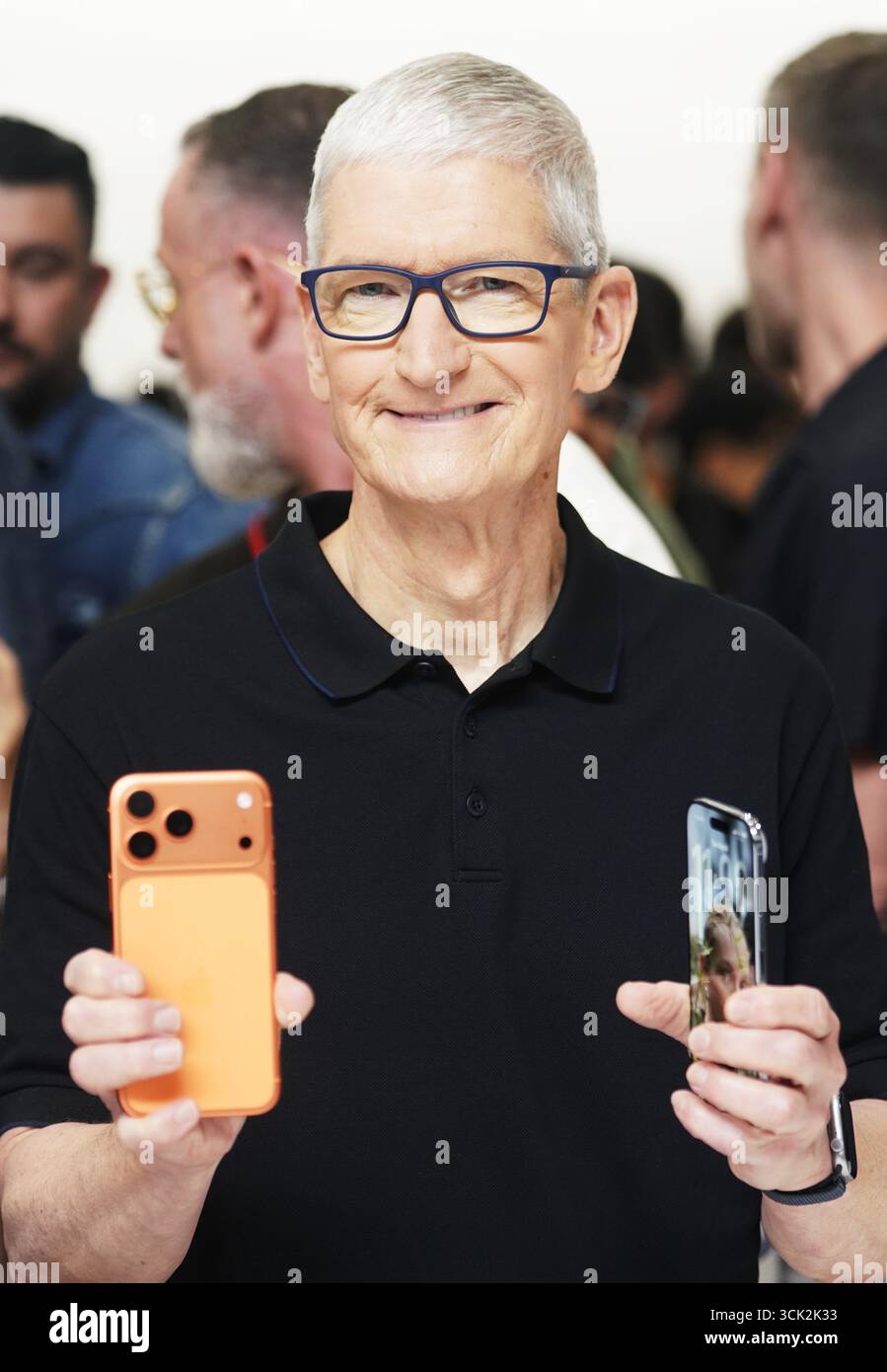 San Francisco, USA. 9th Sep, 2025. Apple CEO Tim Cook shows newly released mobile phones in Cupertino, California, the United States, on Sept. 9, 2025. Apple Inc. on Tuesday announced a series of new iPhones and wireless earphone products, including iPhone 17, all-new iPhone Air and AirPods Pro 3. Credit: Wu Xiaoling/Xinhua/Alamy Live News Stock Photo