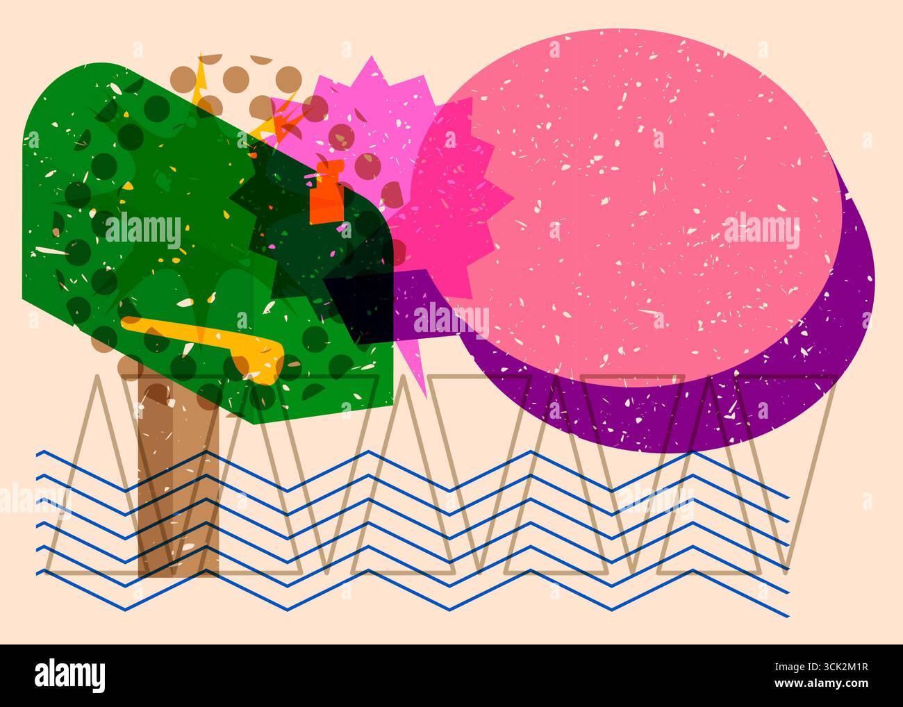 Risograph Mailbox with speech bubble with geometric shapes. Objects in trendy riso graph print texture style design with geometry elements. Stock Vector