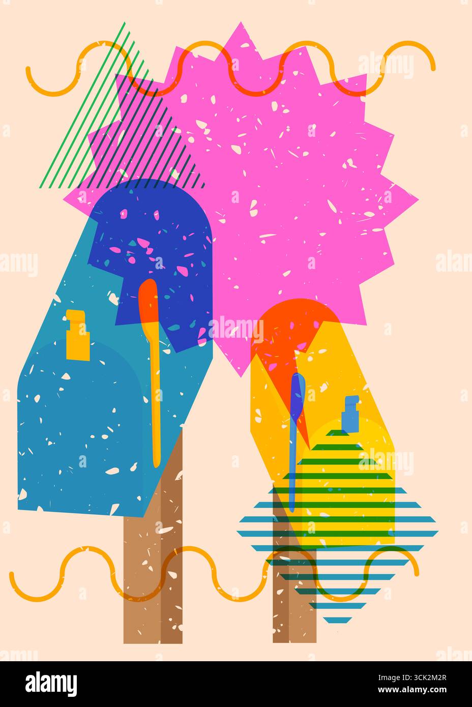 Risograph Mailbox with speech bubble with geometric shapes. Objects in trendy riso graph print texture style design with geometry elements. Stock Vector