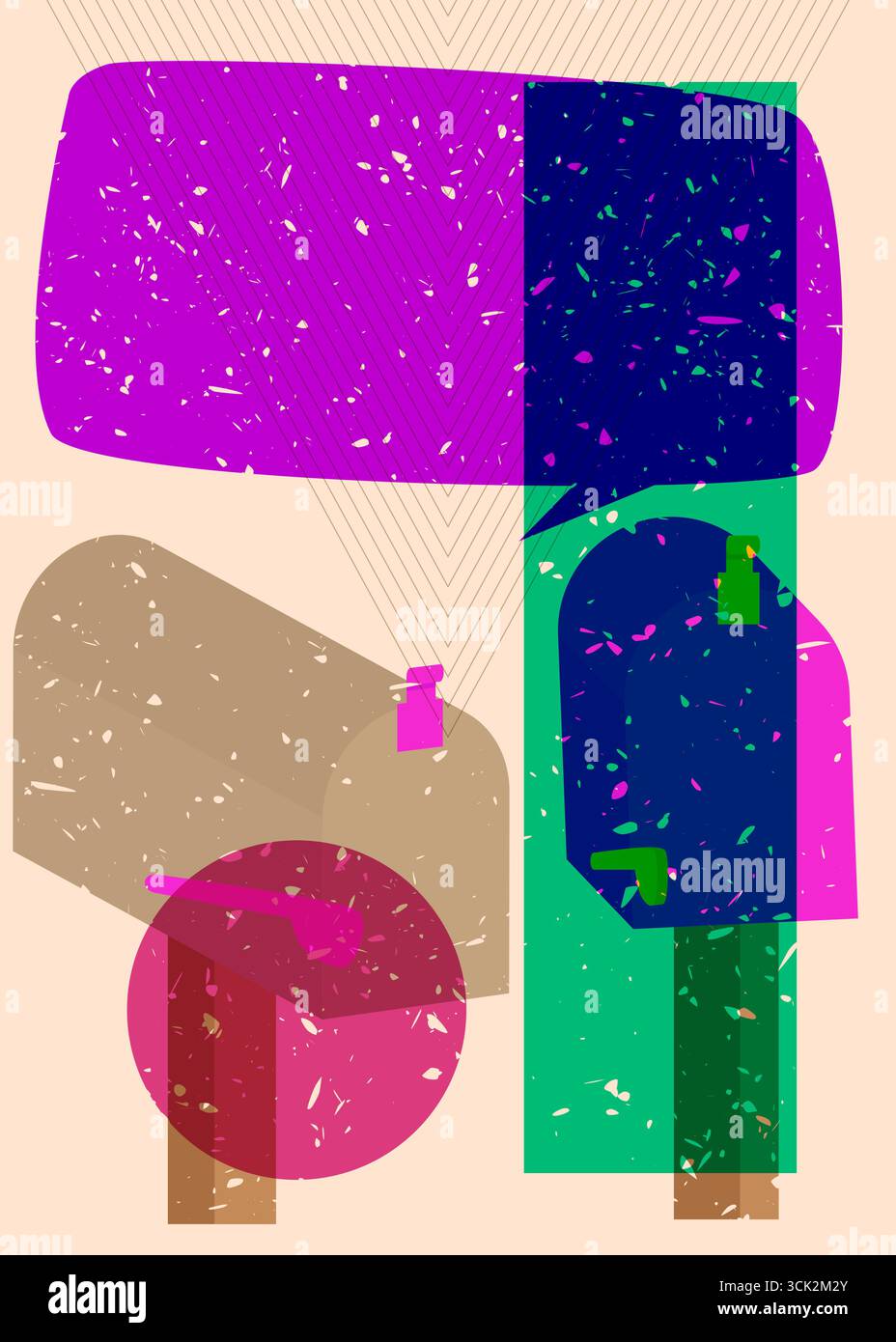 Risograph Mailbox with speech bubble with geometric shapes. Objects in trendy riso graph print texture style design with geometry elements. Stock Vector