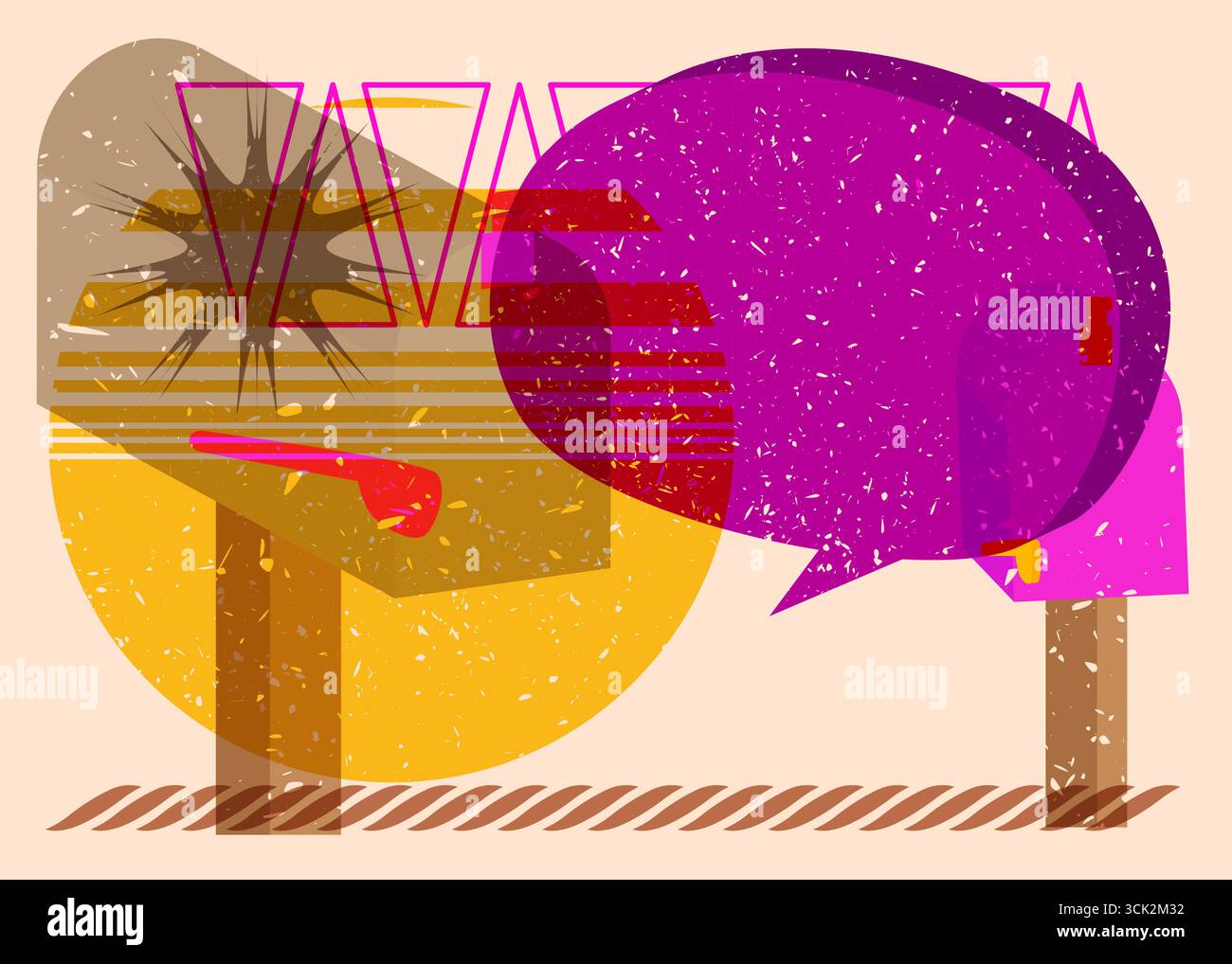 Risograph Mailbox with speech bubble with geometric shapes. Objects in trendy riso graph print texture style design with geometry elements. Stock Vector
