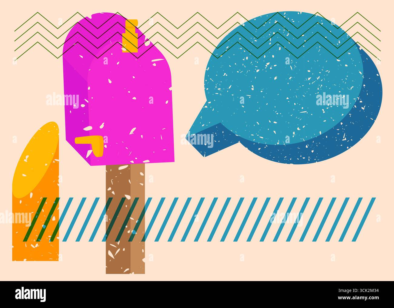 Risograph Mailbox with speech bubble with geometric shapes. Objects in trendy riso graph print texture style design with geometry elements. Stock Vector