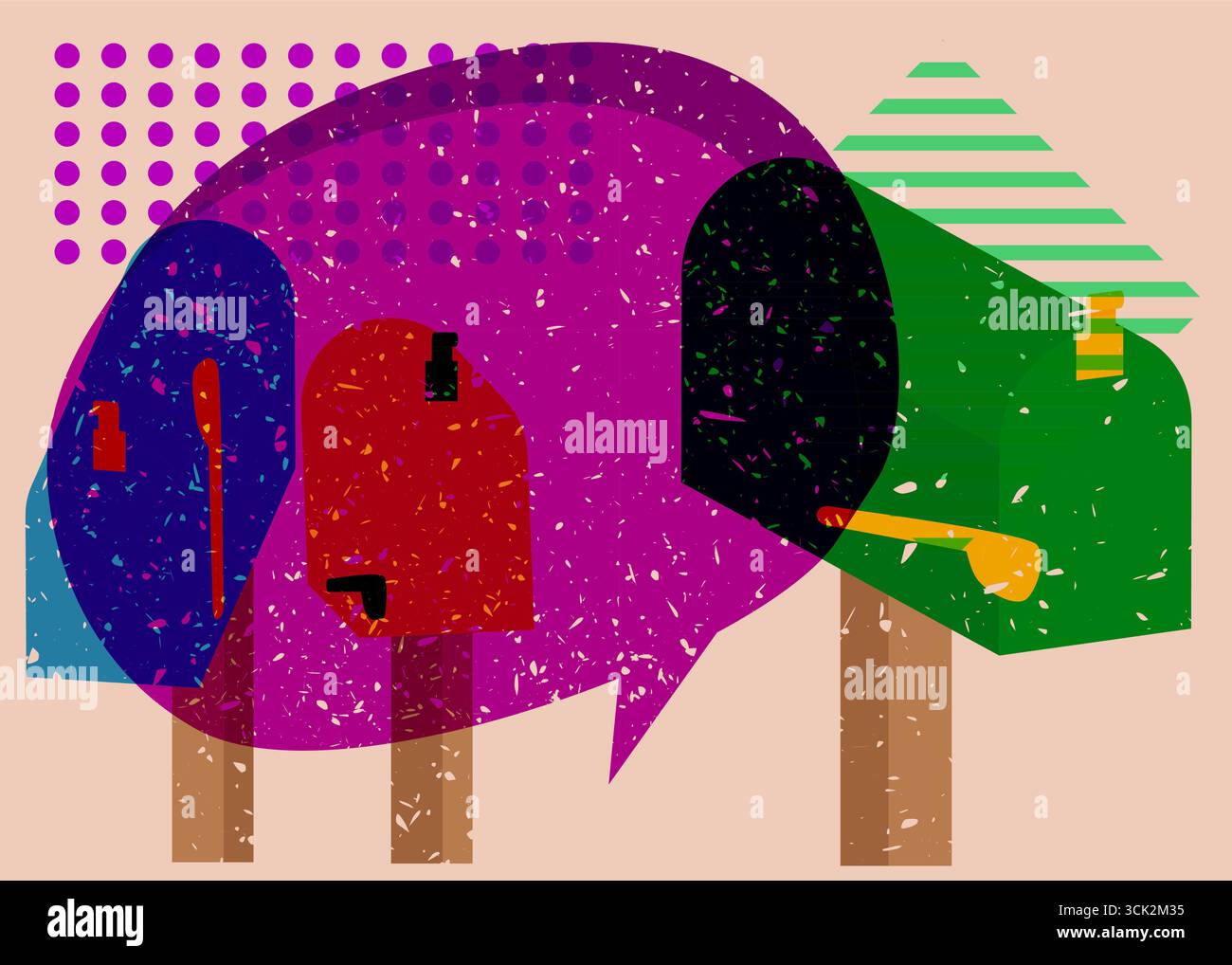 Risograph Mailbox with speech bubble with geometric shapes. Objects in trendy riso graph print texture style design with geometry elements. Stock Vector