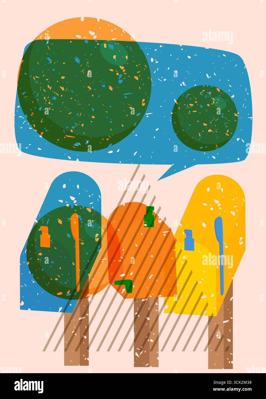 Risograph Mailbox with speech bubble with geometric shapes. Objects in trendy riso graph print texture style design with geometry elements. Stock Vector